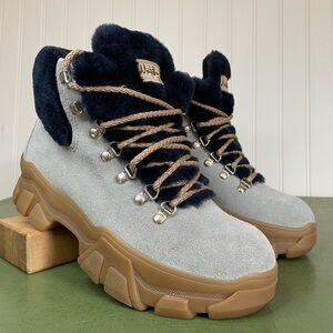 NWT Montelliana 1965 BUCANEVE Fleece Lined Lace Up Boots in Light Grey Suede